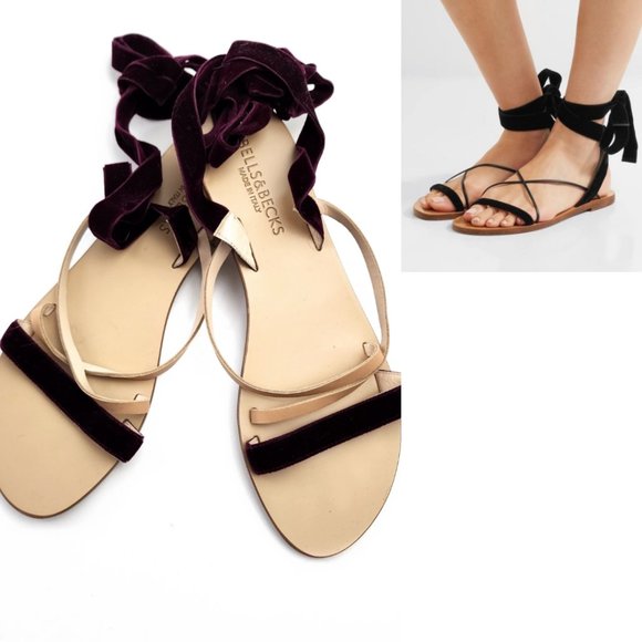 Bells & Becks  Made In Italy Velvet Leather Strappy Sandals Maroon Open Toe 8.5 - Picture 2 of 6